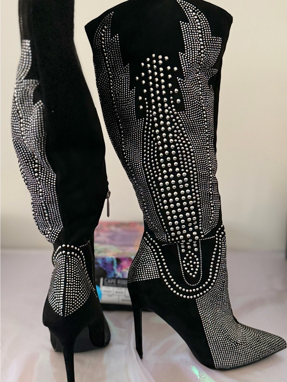 Cape Robbin Black Rhinestone Studded Over-the-Knee Stiletto Boots - Picture 3 of 4